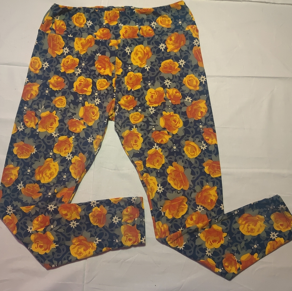 LuLaRoe Leggings Women's Tall & Curvy Yellow Rose Print Tapered Legged Pants
